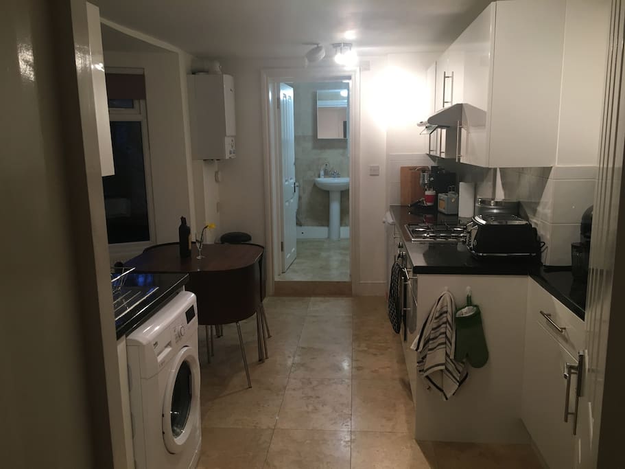 The kitchen with the door that leads to the garden