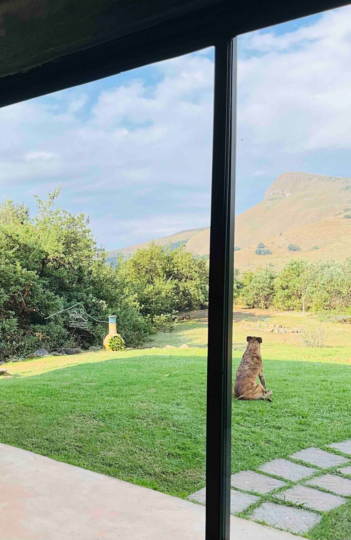 A view from inside the cottage captures a serene outdoor scene. A dog sits on lush green grass, facing rolling hills and a cloudy sky. The area is framed by large glass doors, creating a connection with nature.