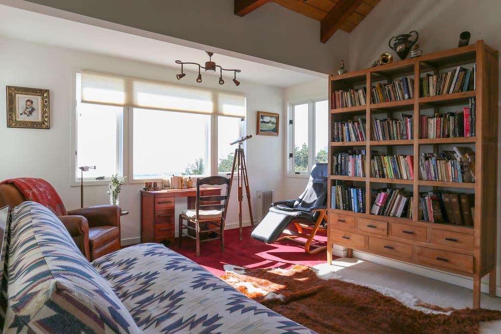 Bedroom with a library of classics with queen bed and futon.