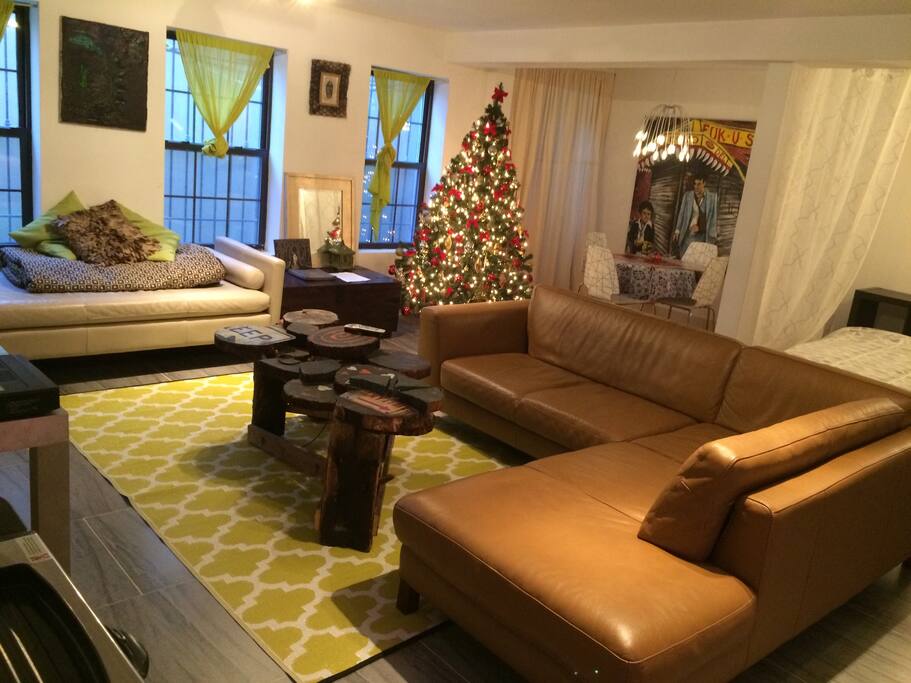 Comfortable leather couch with one of a kind coffee table