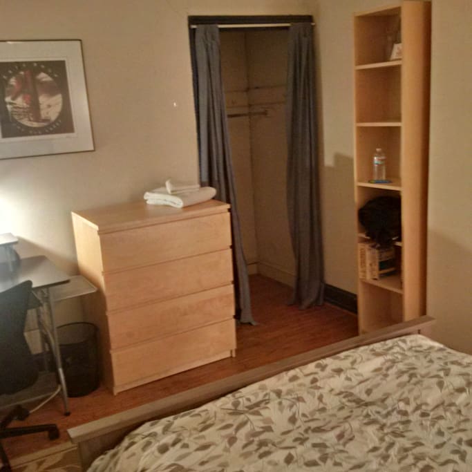Desk and storage space.