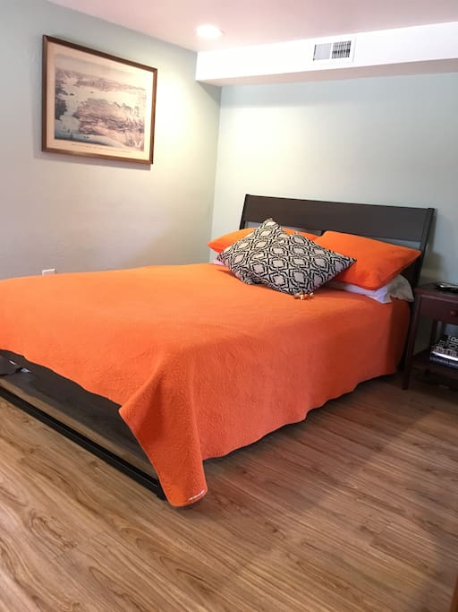 Bedroom. New bed and linens that sleeps two