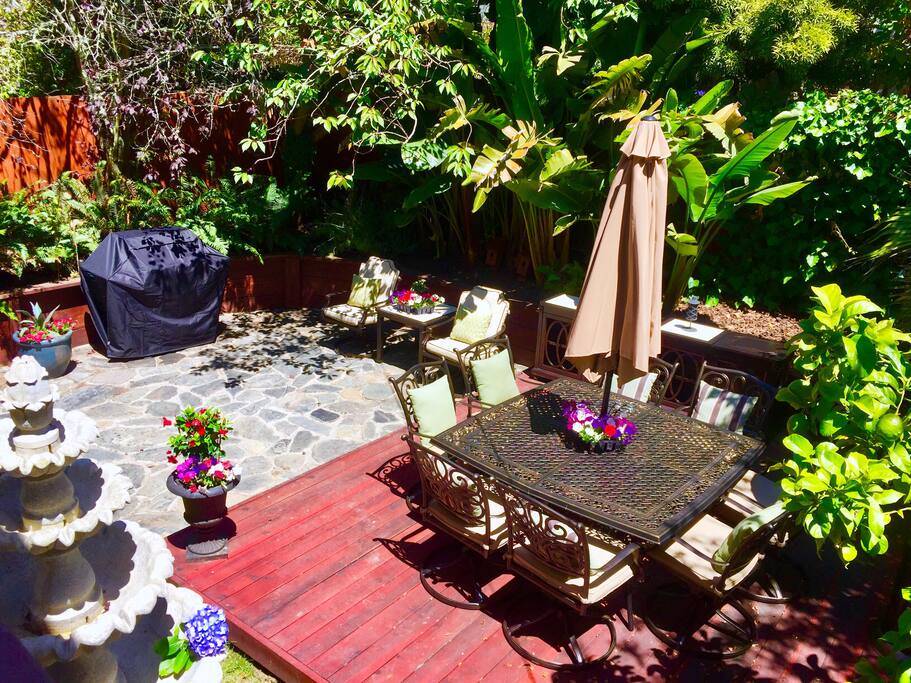 Backyard view from the master & 2 bedrooms! New deck and eight person dining room table, buffets, barbecue, heater...