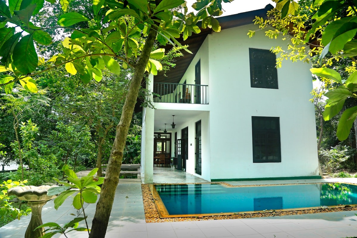 The villa features a modern two-story structure nestled among lush greenery. The outdoor area includes a swimming pool surrounded by tiled flooring and tropical plants. A dining space is visible through the open layout, with large windows allowing natural light to illuminate the interior.