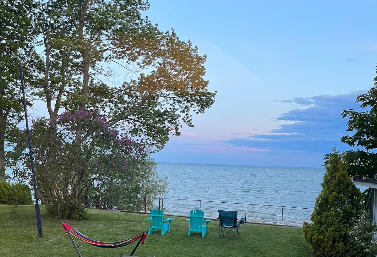 A serene lake view is captured with gentle waves lapping at the shore. Two teal chairs are positioned on a grassy area under a large tree, while a hammock is visible nearby, inviting relaxation amidst the tranquil scenery.