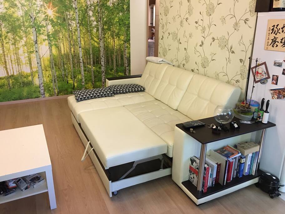 The couch pulls out and can make a third bed.