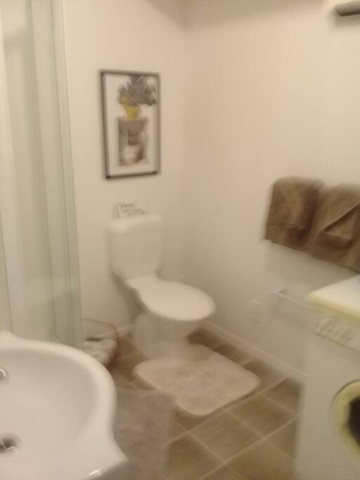 Washer with laundry soap, Clothes basket and pins provided. Also a heated towel rack and heater fan
