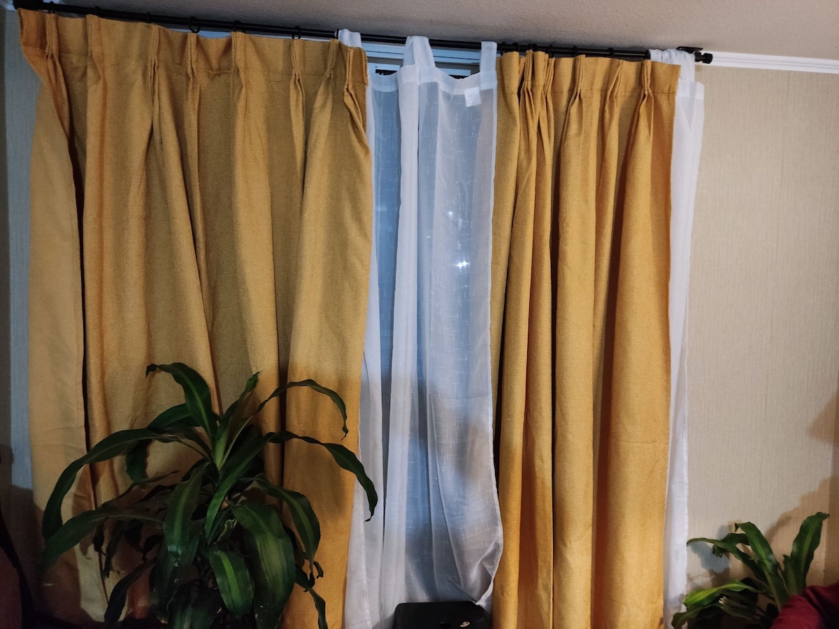 Floor-to-ceiling curtains frame a window, with a mix of sheer white and rich mustard yellow fabric creating a layered effect. A green potted plant is positioned nearby, adding a touch of nature to the indoor space.