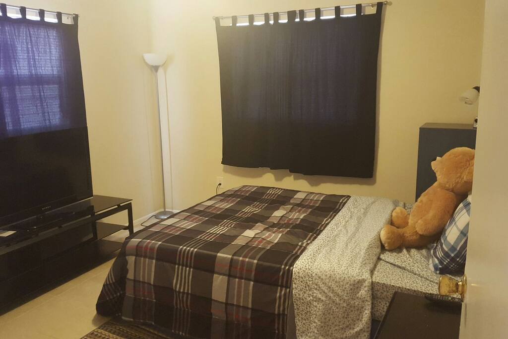 Queen bed large room with TV and room for a rollaway