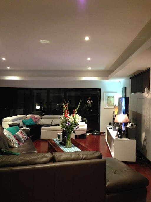 Large 75 inch TV in open area with adjoining kitchen.
