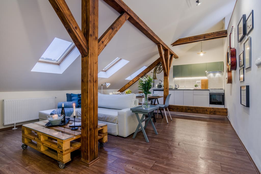Living room with view to kitchen