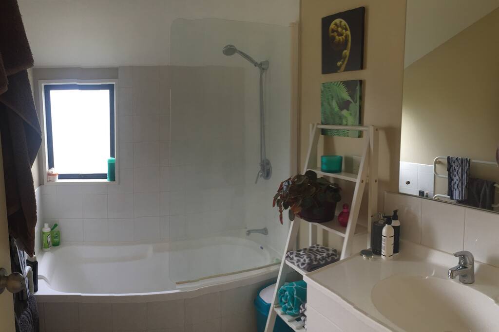 Bathroom layout, shower over bath with good pressure. Basic toiletries available.