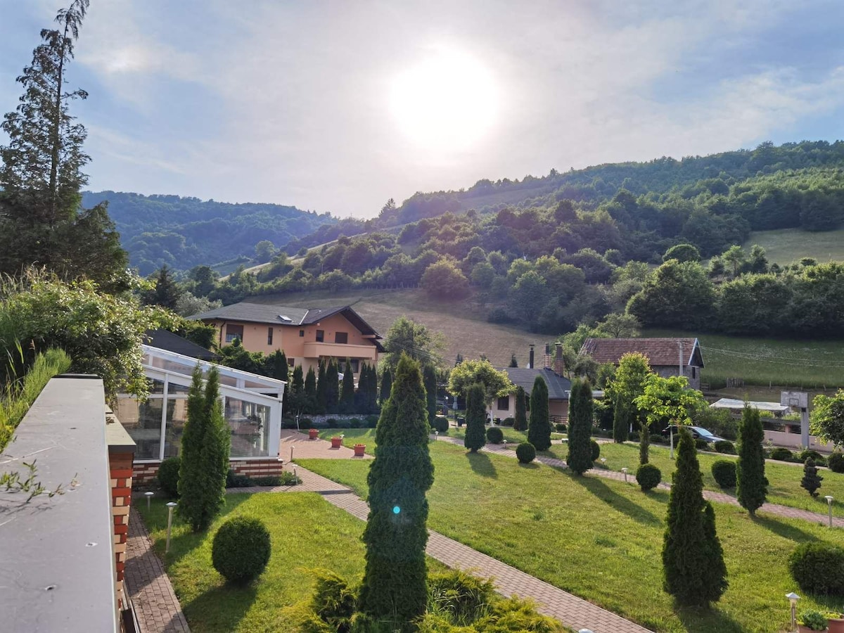 A scenic view features a lush green landscape with rolling hills in the background. Trimmed shrubs line a stone pathway leading through a well-maintained garden. A clear sky and sun illuminate the surroundings, creating a peaceful outdoor setting.