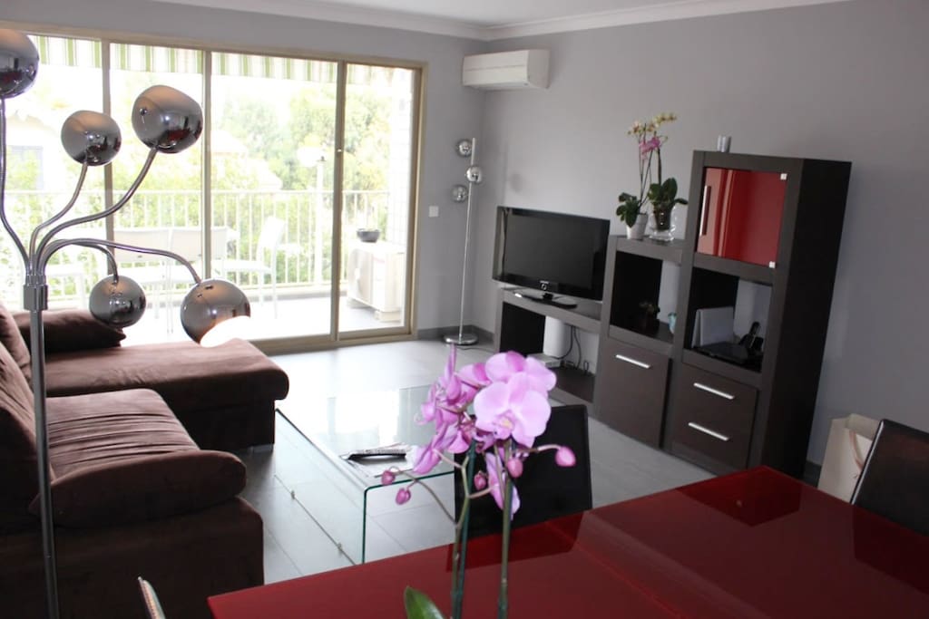 Big living room with TV set, dinning area, AC and access on the terrace with the magnificent sea views