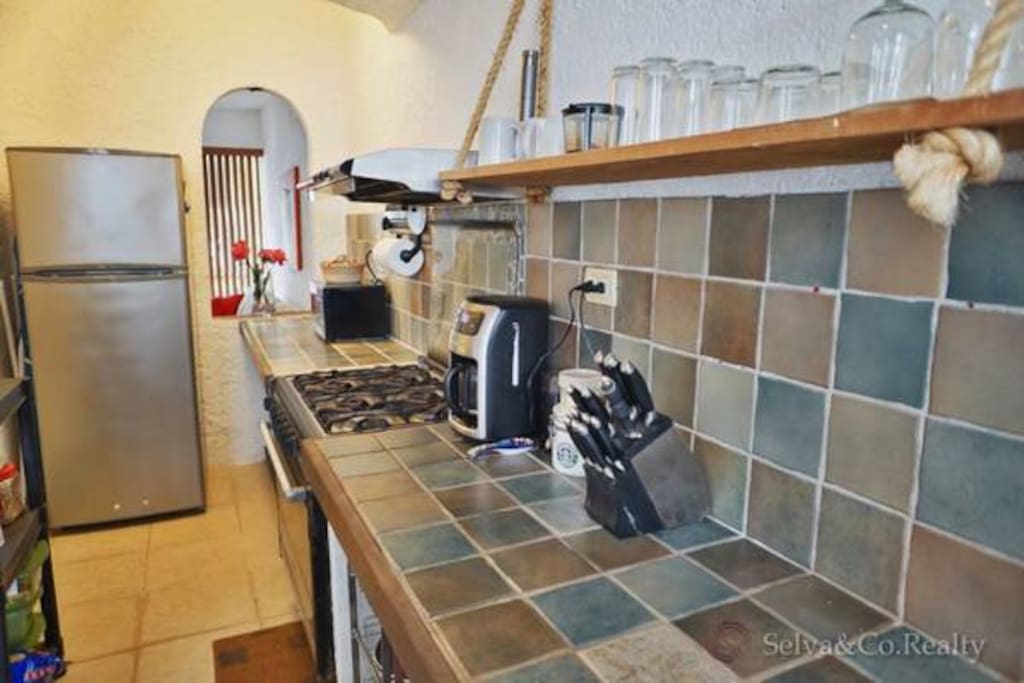 Kitchen with fridge, stove, coffee machine.