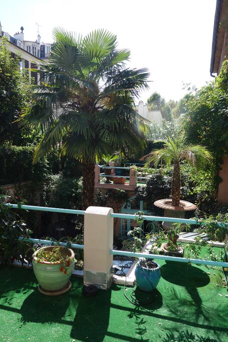 Vue de la terrasse sur la cour arborée de la maison.