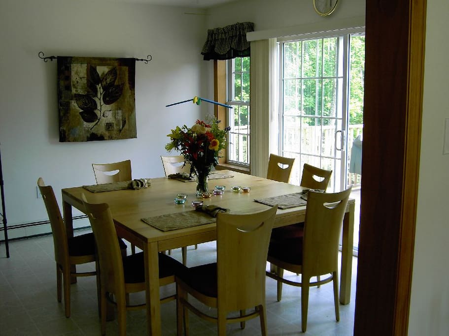Dining area with winter mountain views.