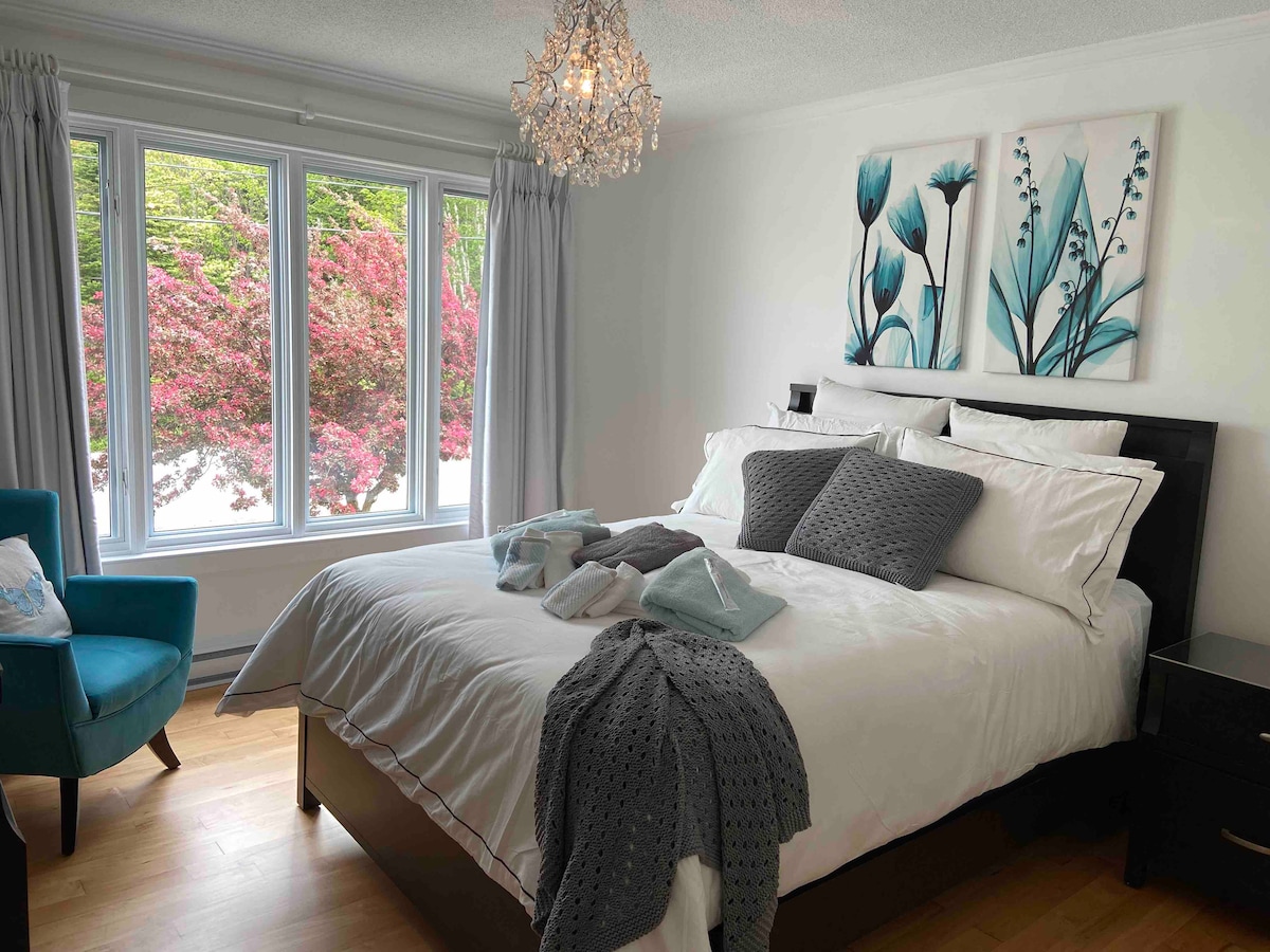 A well-appointed bedroom features a spacious bed with white linens and accent pillows. A decorative throw is draped across the bed. Large windows provide natural light and a view of vibrant greenery, while a modern chandelier adds a touch of elegance.