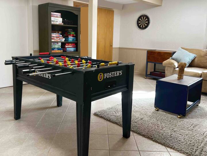 Games Room with Sofa Bed, Dart Board, Fusbol Table, and Games.