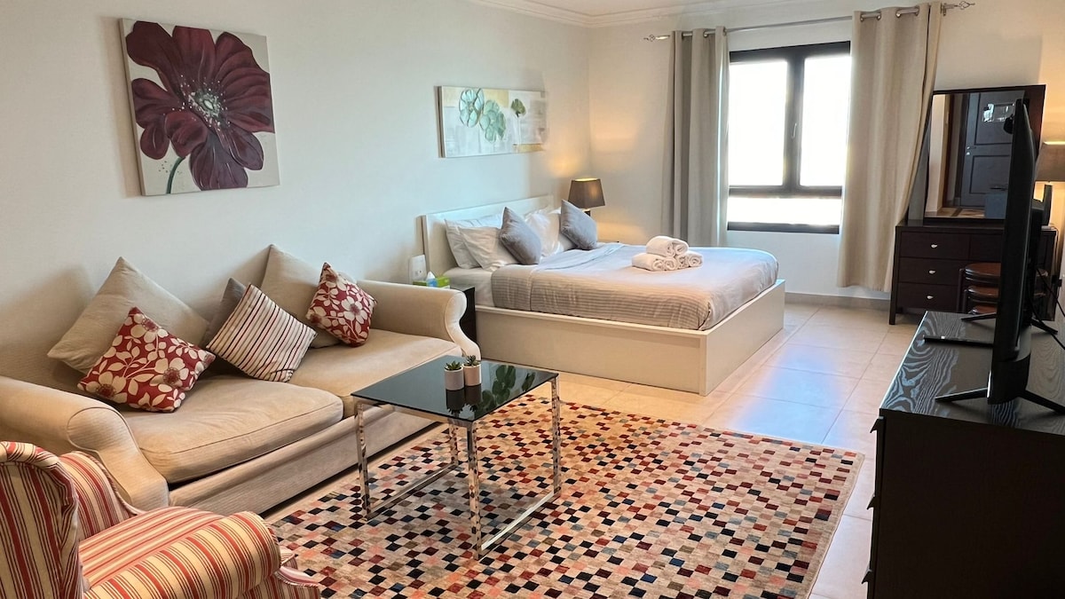 A well-lit studio room features a comfortable bed and a sitting area with a patterned rug. A glass coffee table is surrounded by a sofa and an armchair, while a television stands opposite the seating. Natural light enters through a window, framed by light curtains.