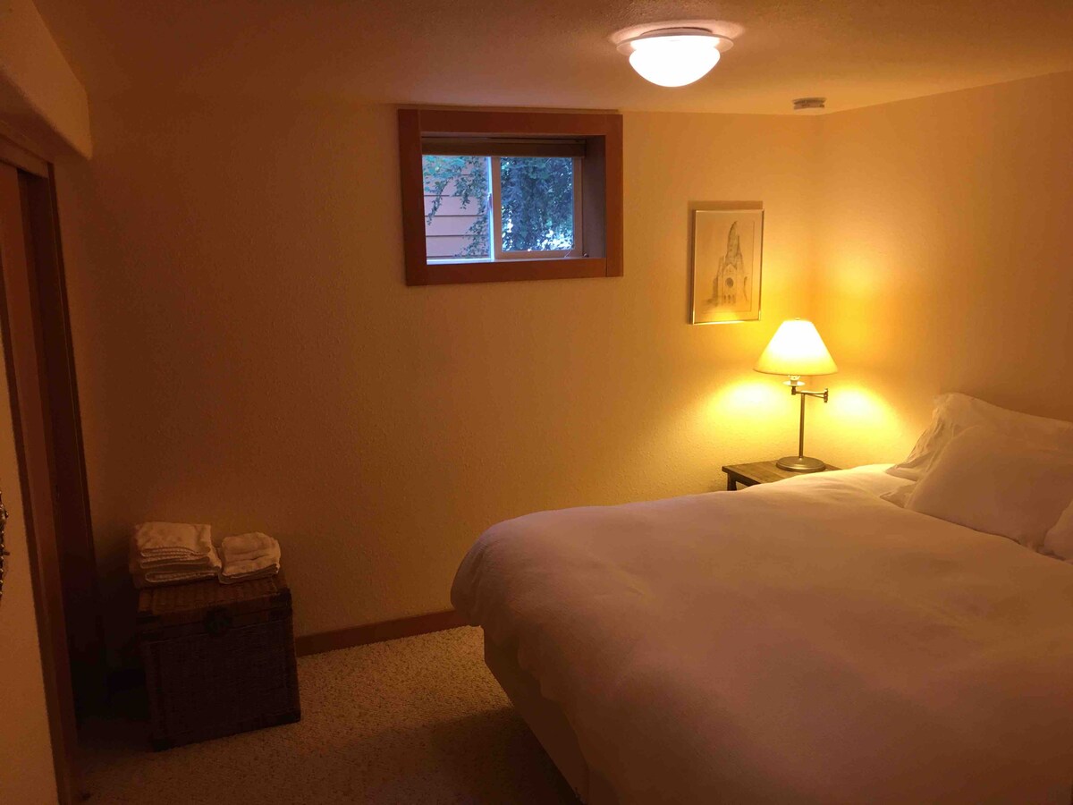 Spavaća soba br. 2: bračni krevet visoke kvalitete s europskim jastukom, luksuznom i kvalitetnom posteljinom, udobnim jastucima i malim prozorom u bočno dvorište.