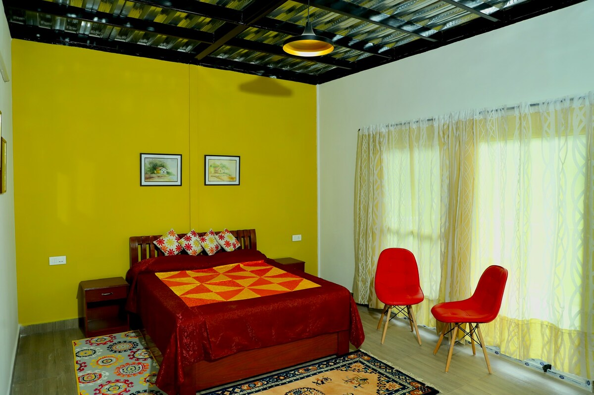 A spacious bedroom features a large, vibrant bedspread on a wooden bed with decorative pillows. Two red chairs are positioned beside a bright window, where natural light filters through translucent curtains. Colorful artwork is displayed on the yellow walls, adding warmth to the room.