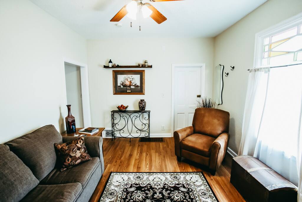 Living room with queen sleeper sofa.