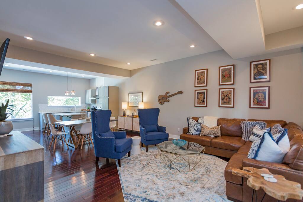 Living room flows into dining room and kitchen