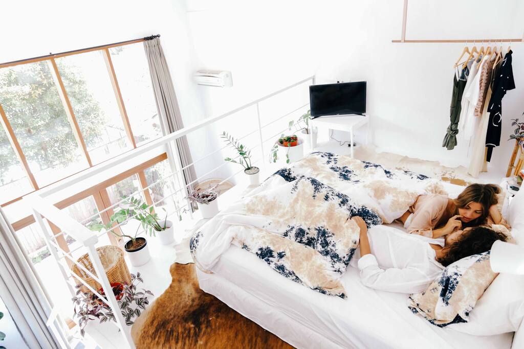 Loft bedroom, with cable tv, clothing rack, vanity and lots of plants