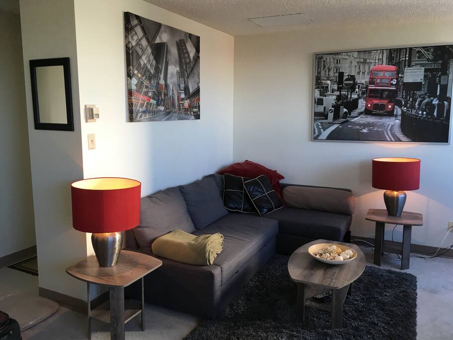 Comfy living area, new carpet, squishy pillows.