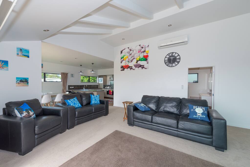 Leather couches in the lounge with heat pump/aircon on the wall