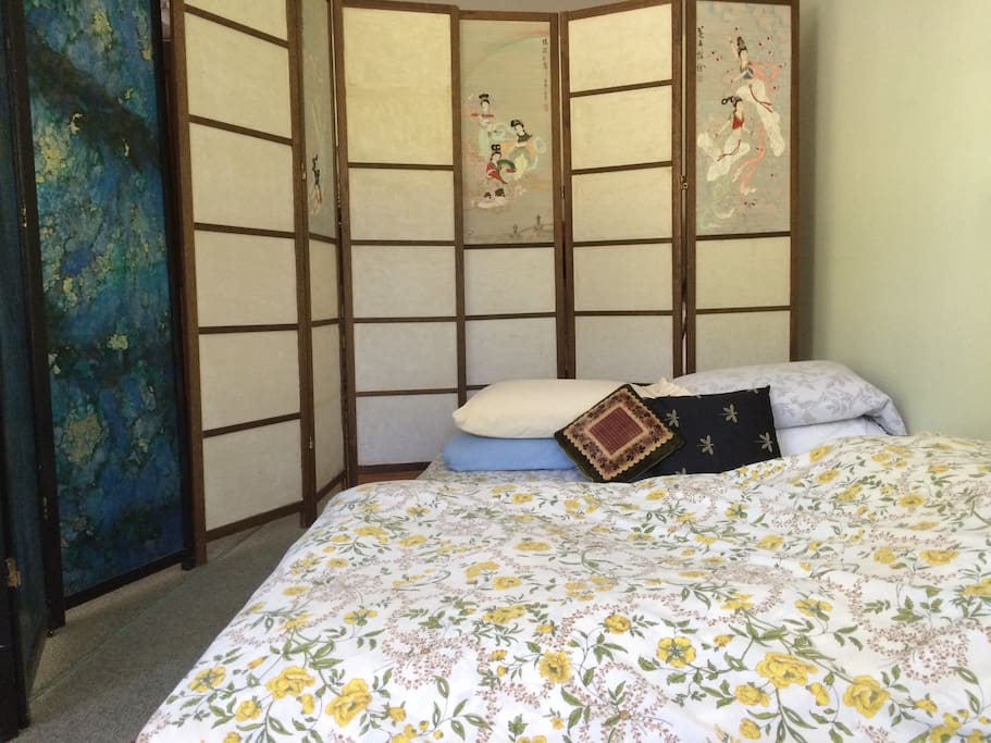 Comfortable memory foam king size mattress on the clean carpeted floor.