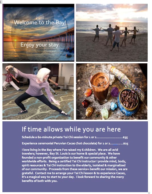While at the cottage experience a private tai chi session and Peruvian Cacao to benefit our non-profit. Its a magical way to start your day.