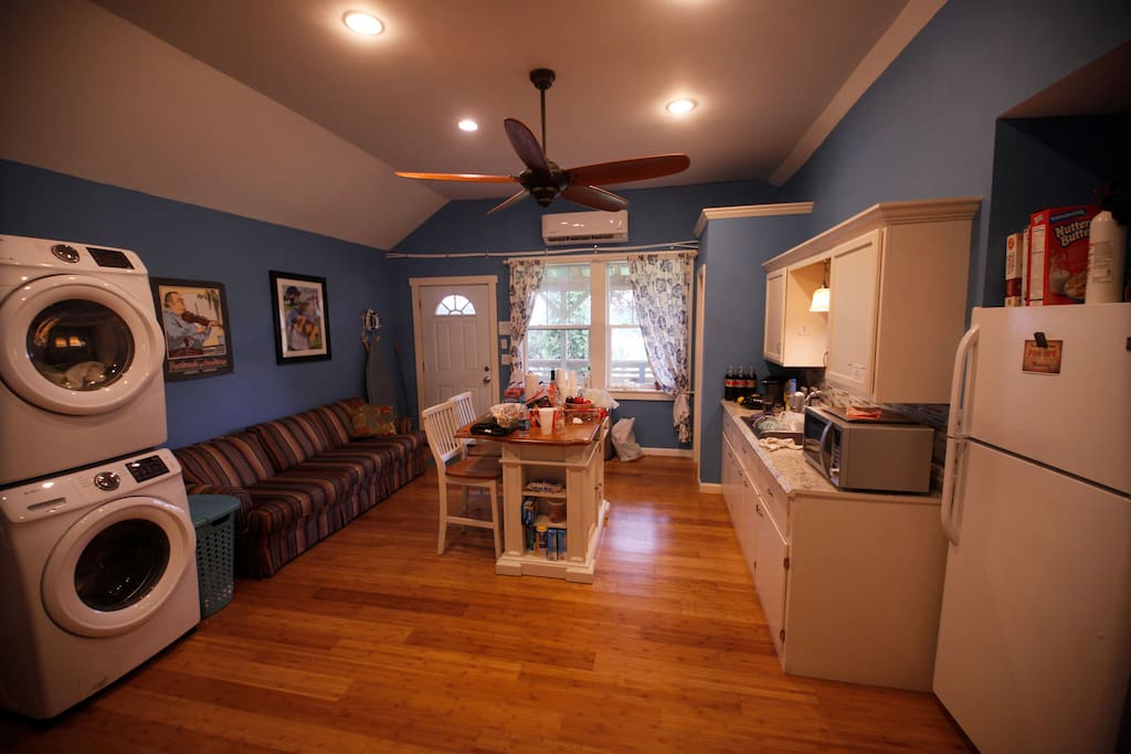 Upstairs kitchen for guests only; washer dryer; fridge, microwave; cooktop. No full oven.