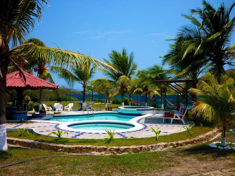 Zona de piscina: piscina de adultos, piscina de niños, jacuzzi y bar (dentro de la piscina)