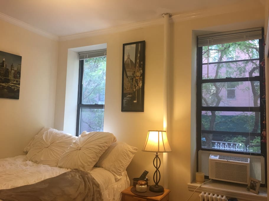 Main bedroom featuring a queen sized bed, dresser for storage, tall bookcase with shelving storage, full length closet with hanging storage, HDTV, Apple TV, new Air conditioning unit (2018) with a remote control