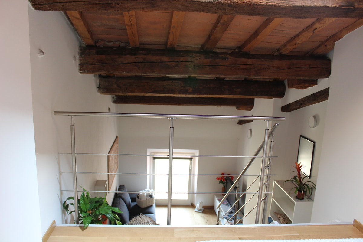 A view from the loft shows exposed wooden beams overhead and a spacious open area below. The area is adorned with a comfortable sofa and a window allowing natural light to brighten the space. Decorative plants add a refreshing touch to the environment.