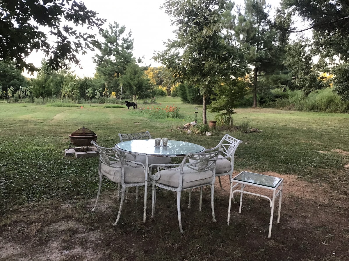 An outdoor seating area features a glass-topped table surrounded by six white metal chairs. A smaller side table is positioned nearby. In the background, a grassy expanse is visible, dotted with trees and wildflowers. A black dog can be seen wandering in the distance.