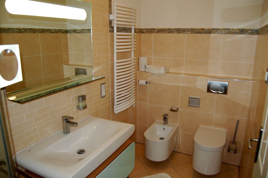 With state of the art equipment, shower cabin, bidet and a large hand basin.