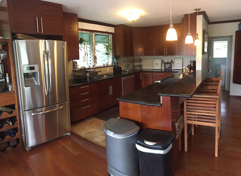 Fully loaded kitchen with stainless steel appliances, induction oven and stove, dishwasher and disposal.