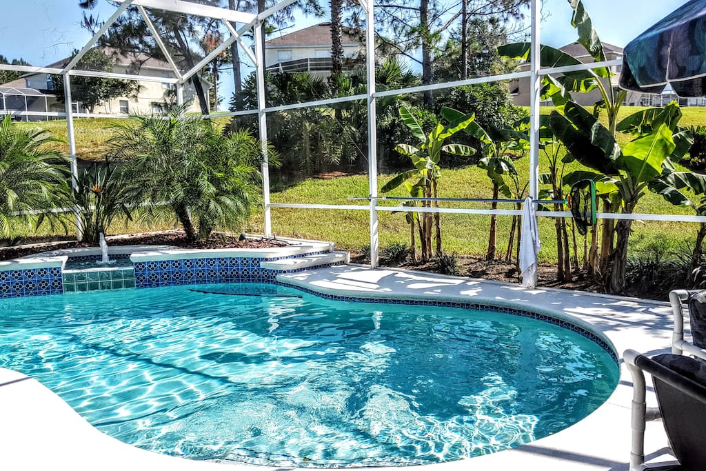 Secluded pool and yard with luxurious tropical planting.
