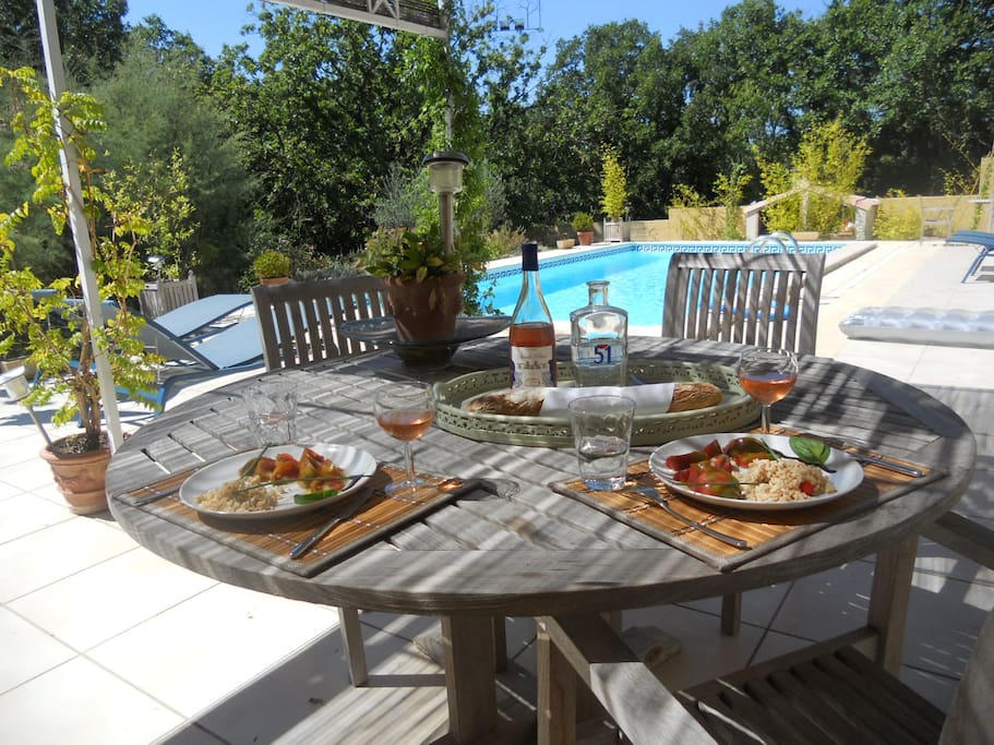 Possibilité de prendre son petit déjeuner, le repas de midi et celui du soir sur la terrasse, les pieds dans l'eau
