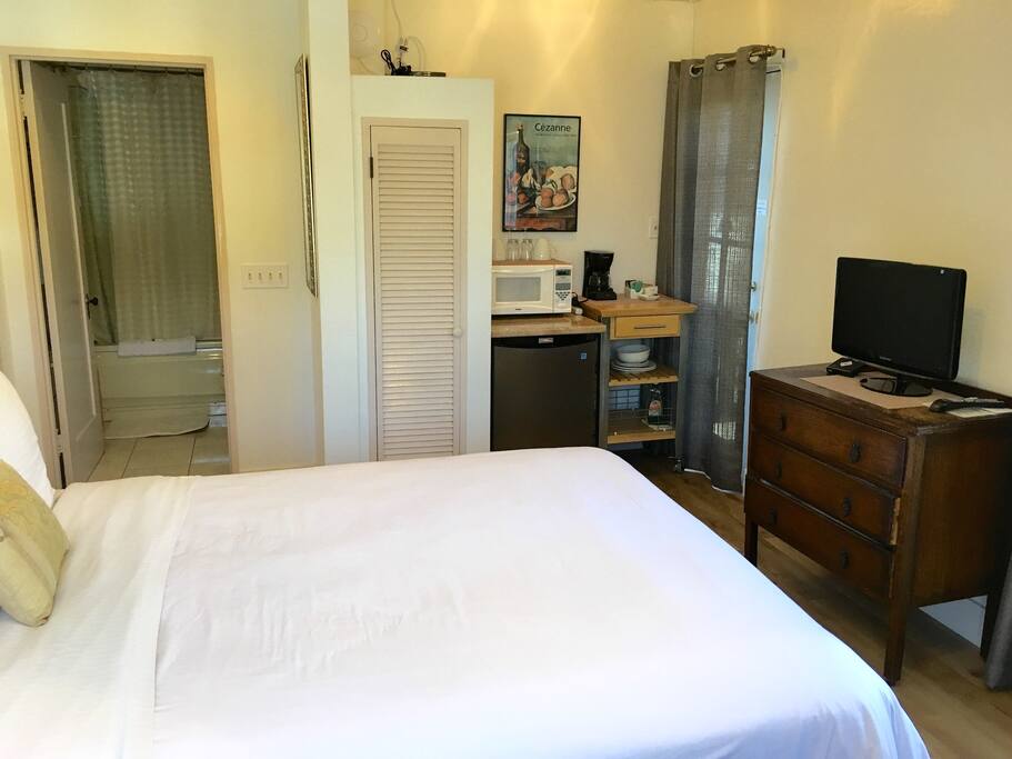 Microwave, mini fridge, coffee pot, and complimentary coffee, tea, and snacks. Room is also equipped with cable and a flatscreen TV.