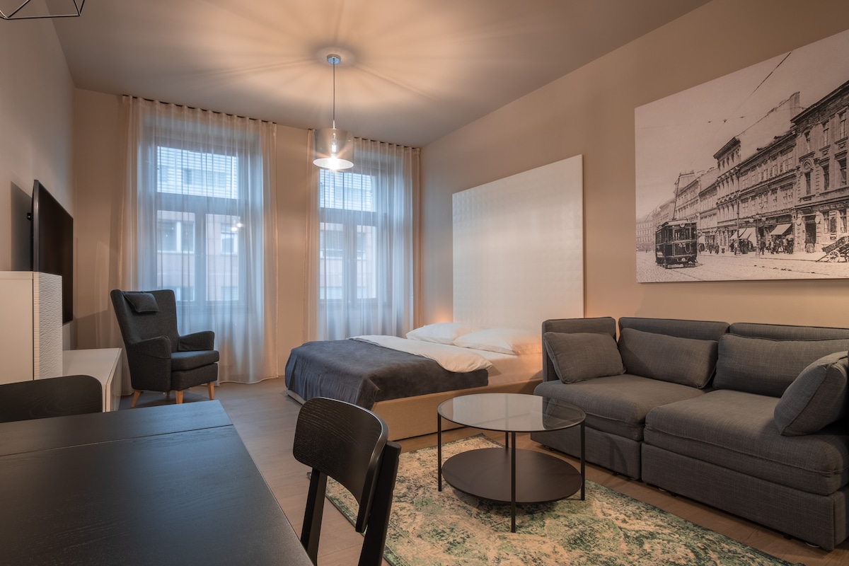 A spacious living area features a comfortable sofa and a coffee table on a textured rug. A sleeping area is visible with a wide bed framed by two large windows, allowing natural light to illuminate the room. A stylish artwork adds an elegant touch to the wall.