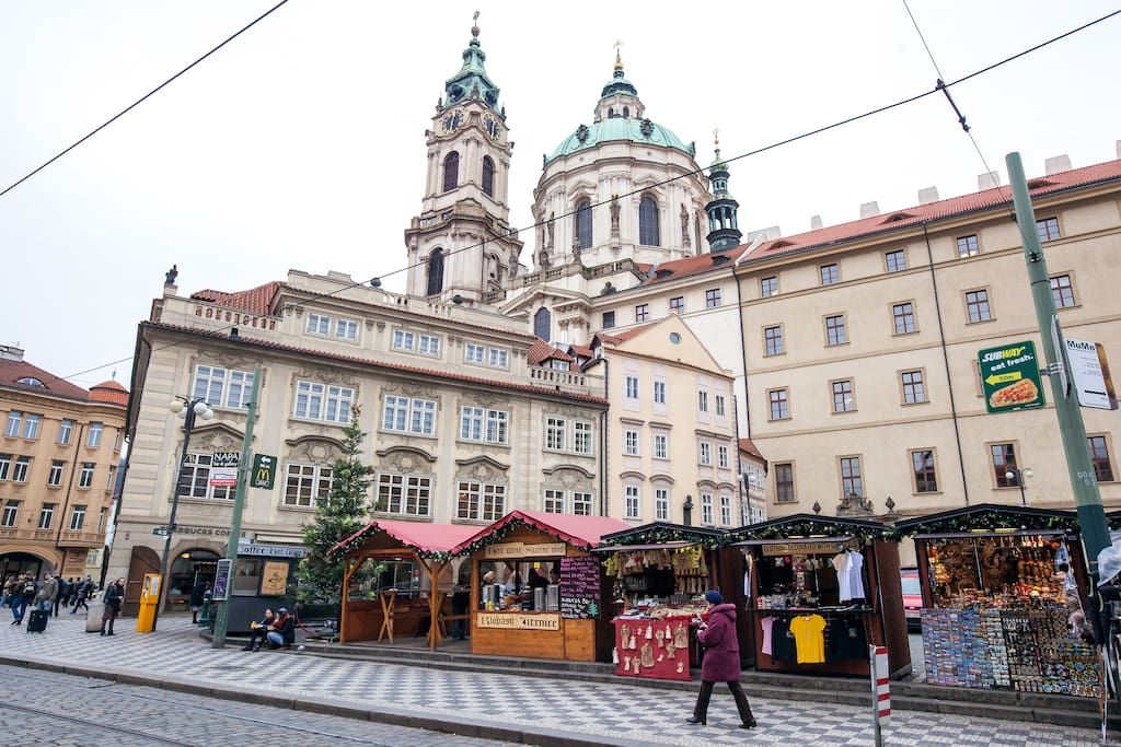 Malostranske square - that's where the building is situated.
Christmas market and St. Nicholas Church which you can see from the apartment.