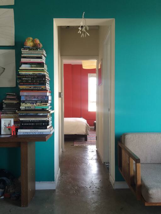 mini hallway to bathroom (right) to bedroom.