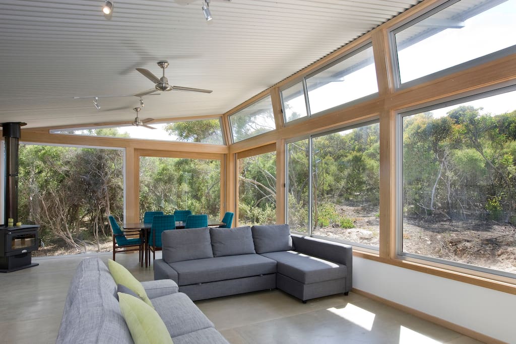 view from indoors to outdoor scrub