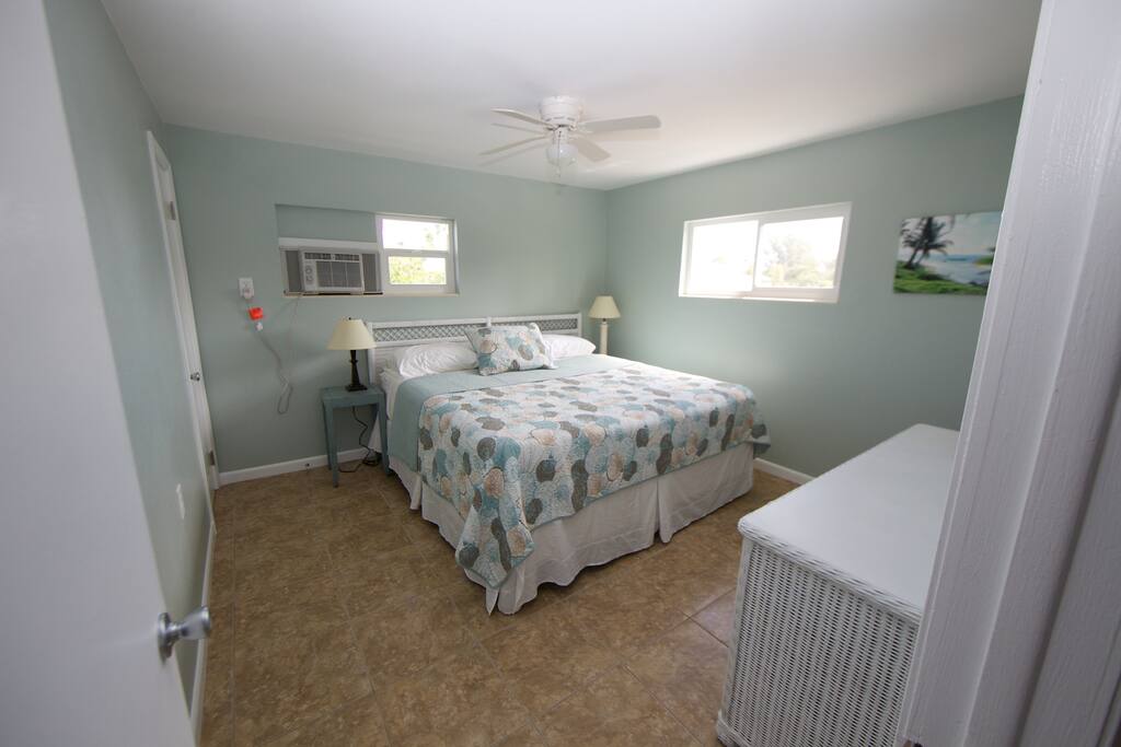 Large bedroom with king bed and lots of storage