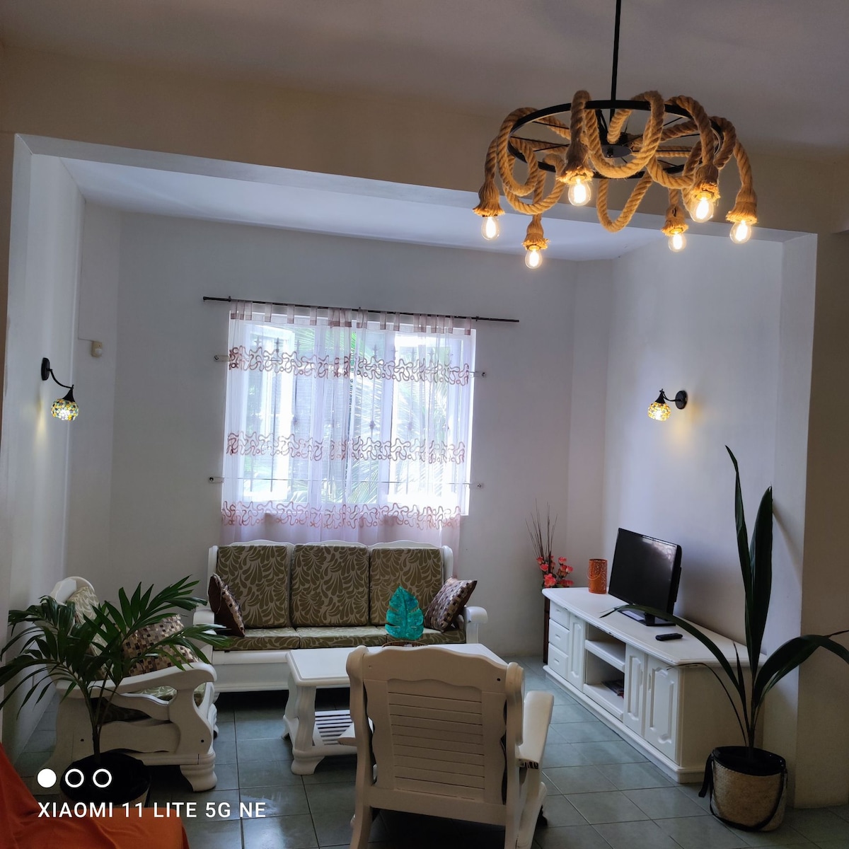 A welcoming living area is presented, featuring a light-colored sofa adorned with patterned cushions. A wooden coffee table occupies the center, complemented by a TV on a white console. Natural light filters through sheer curtains, and decorative plants add a touch of greenery.