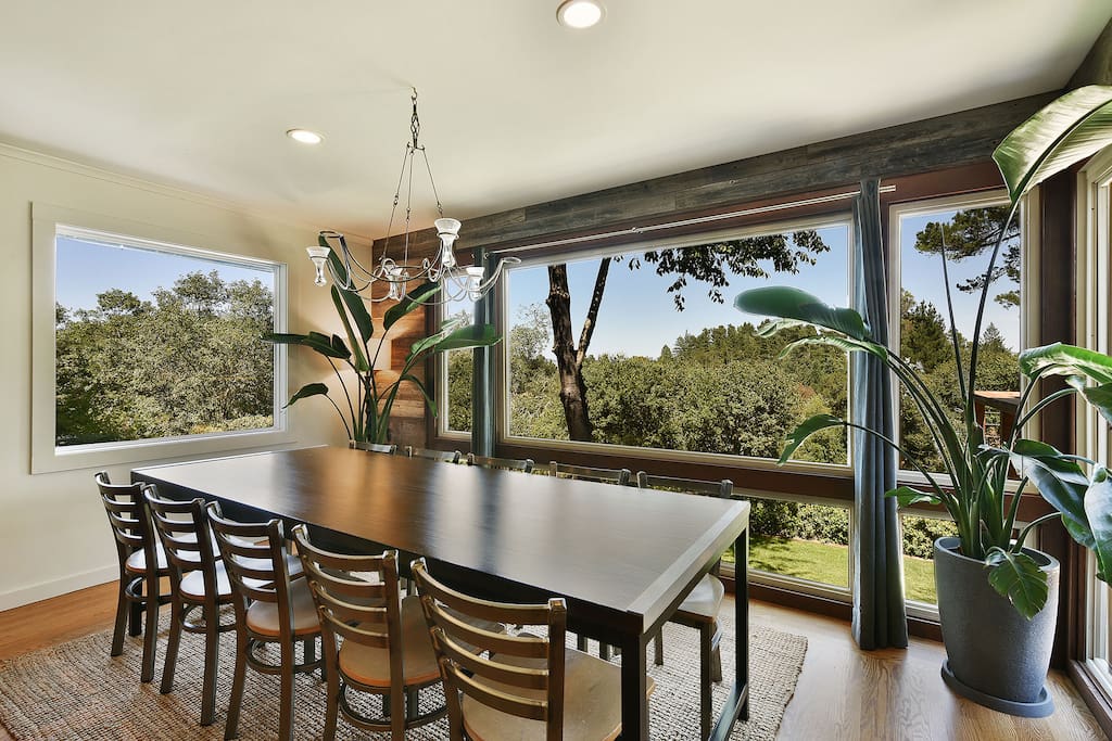 9 foot table with Reclaimed wood walls and gorgeous views (seats 10-12)